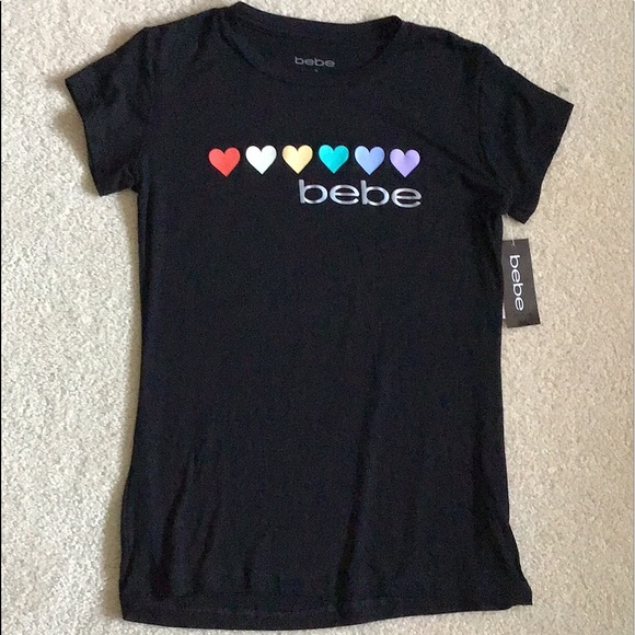 SOLD - Bebe Rainbow Hearts Logo Black Tee - NWT - Picture 1 of 11